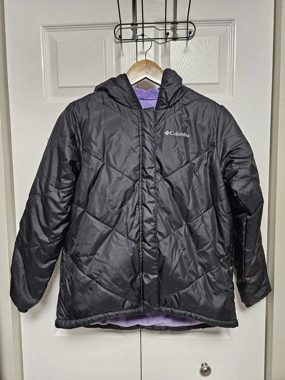 Columbia Black Puffer Jacket with Purple Lining